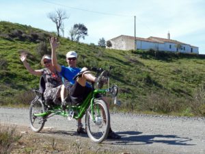 Nazca’s former owners riding the Quetzal recumbent tandem