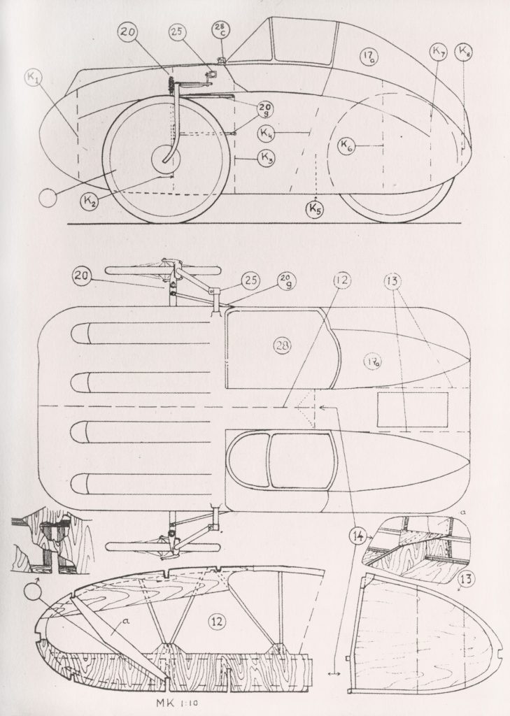 Blueprint of the two-seat amphibian velomobile from Finland