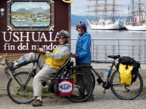 Julie and David in Ushuaia on their recumbent bicycles