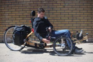 Stewart D Moore and his wooden trike he has built by himself