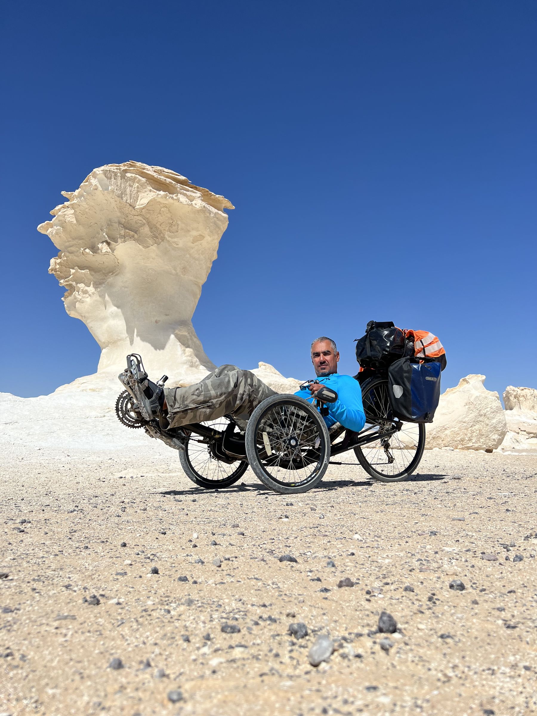 Recumbent triker in the White Desert, Egypt