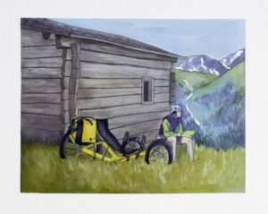 Painting of a recumbent trike in the Alps