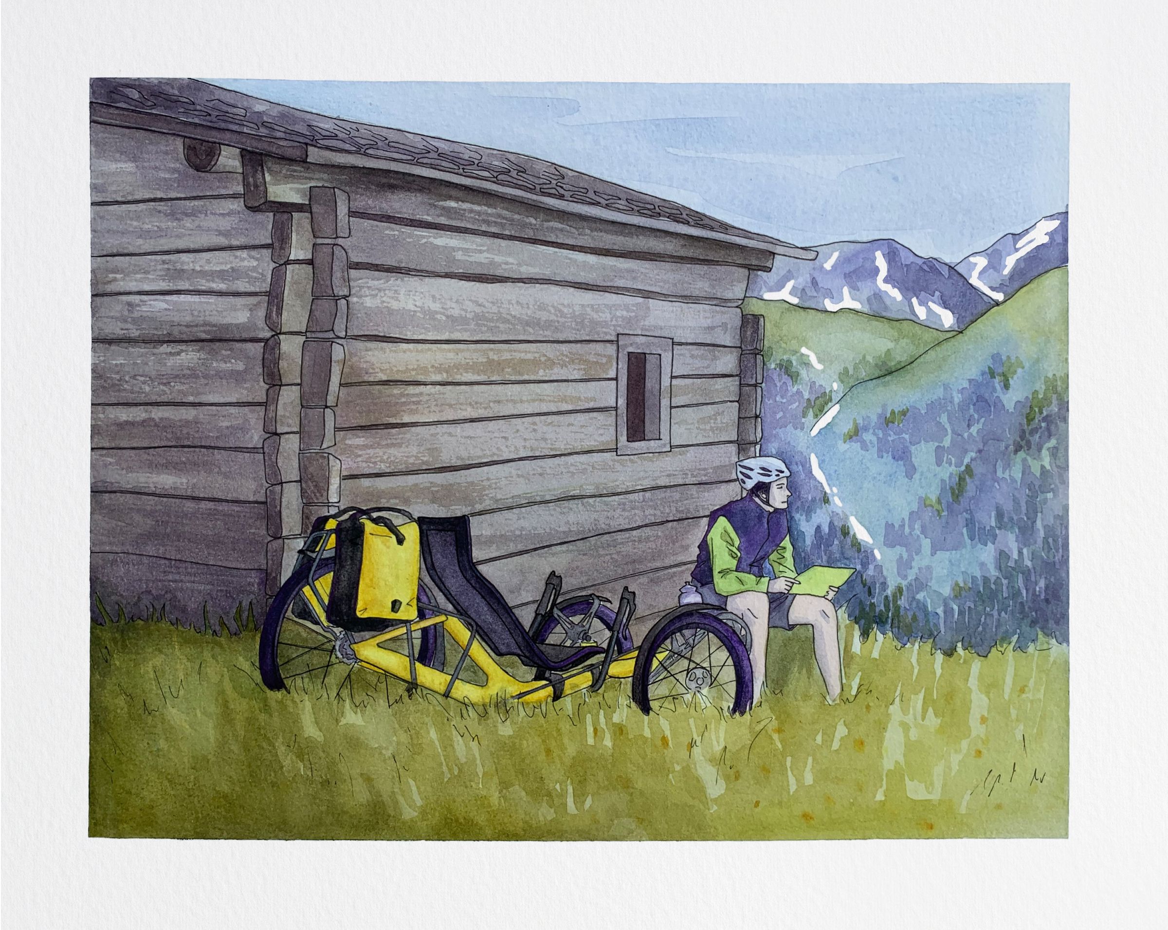 Painting of a recumbent trike in the Alps