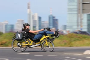 Riding the S-Pedelec recumbent bike