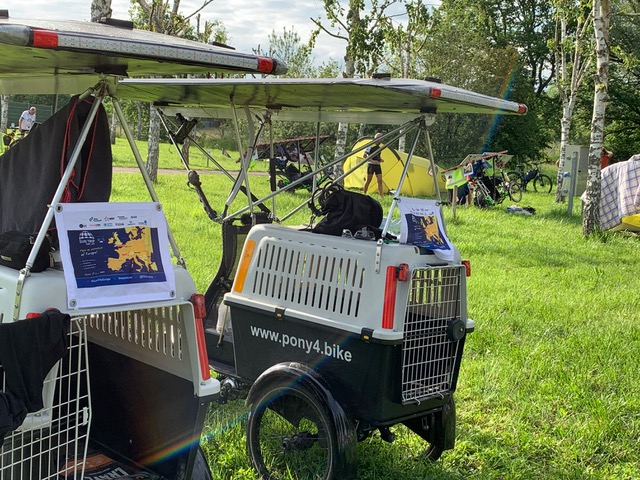 solar-powered recumbent four-wheel bicycle on tour - solar panels of the bikes