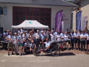 Photo of all participants taken during two days of promotional ride through the French Alps.