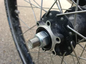 Detail of a repaired trailer wheel.