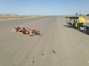 This is one of the main international roads across Kazakhstan. The traffic is so heavy, you might as well take a selfie in the middle.