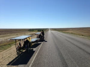 Endless Kazakh steppes and equally endless roads
