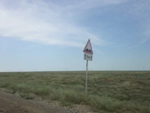 After 100 kilometers of zigzagging between potholes, a sign appears, "beware of bumps!"