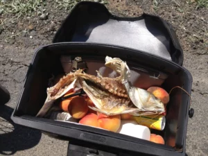 Dried salted fish, apricots, candy, GoPro, wallet and many other essentials in the side bag