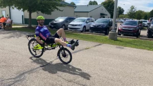 People were testing the two-wheel recumbents...