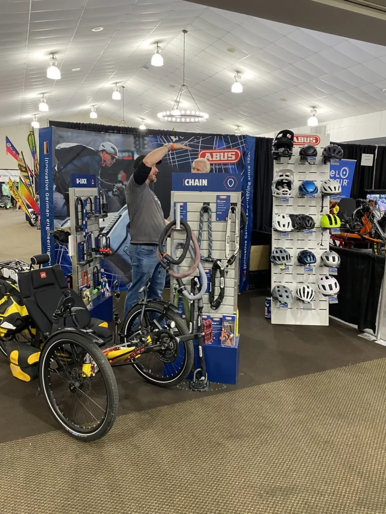 Germany's ABUS was one of several exhibitors showcasing bike accessories. In this case, quality and safe locks and helmets. 