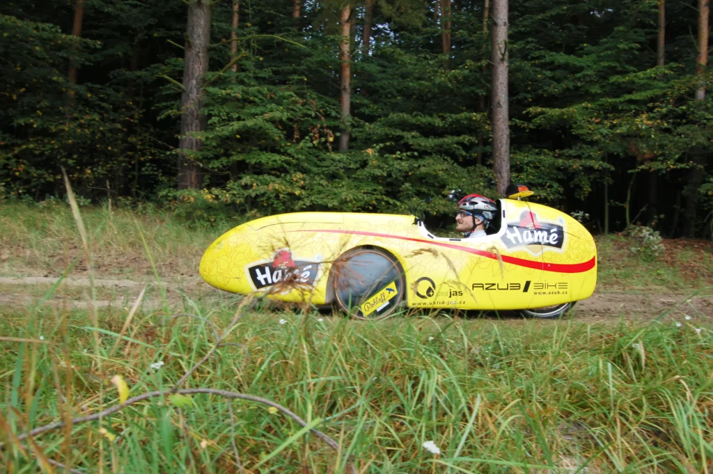 Honza Galla in a velomobile