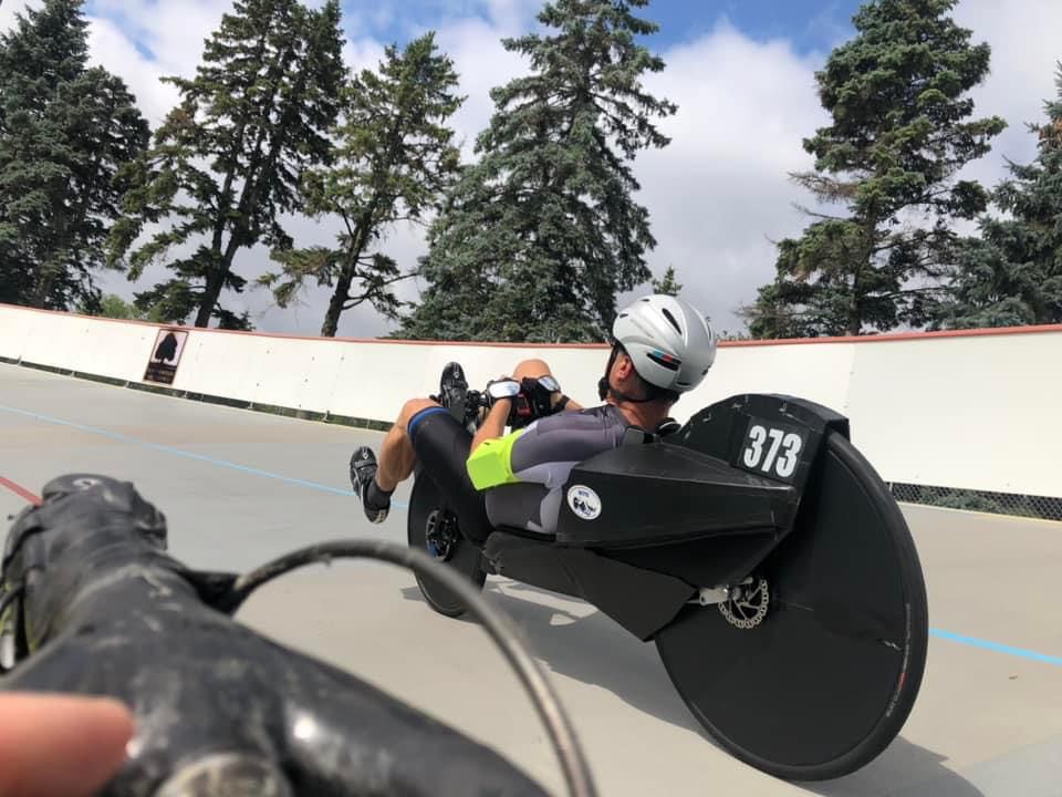 rear view of Robert racing his bike