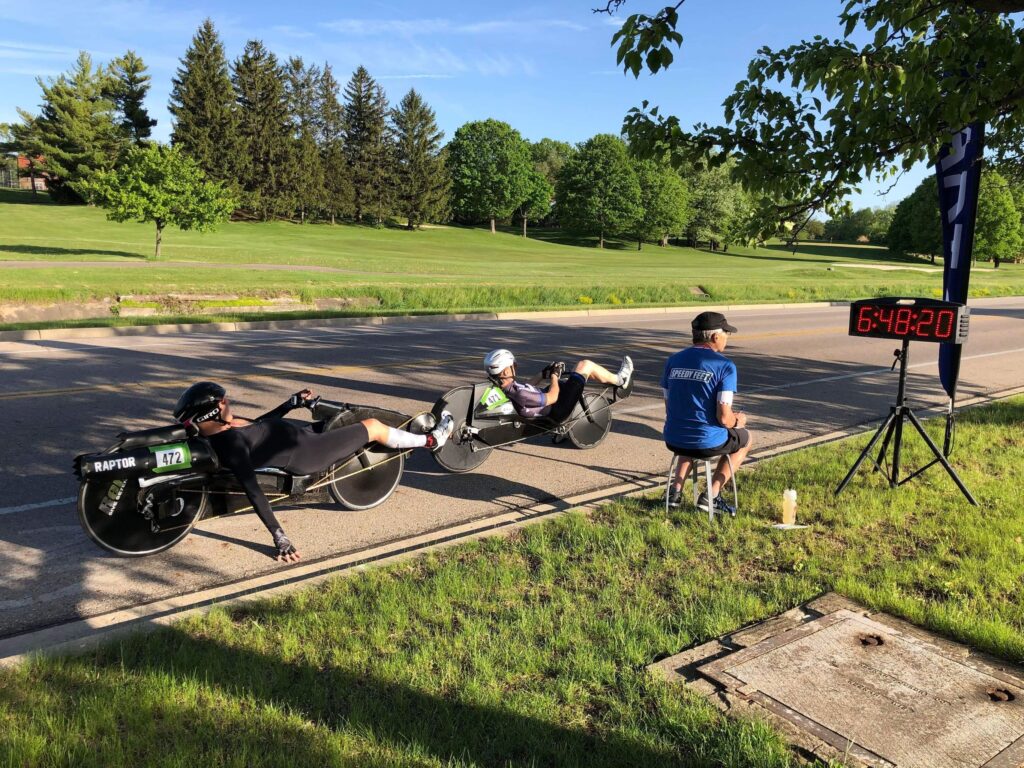 Robert and Thom prepared for a start to a time trial 